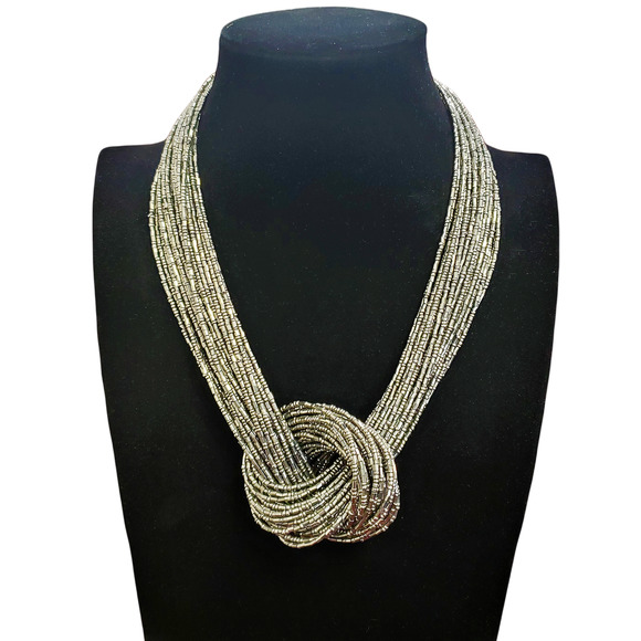 Handmade Shimmering Iridescent Platinum Silver Knotted Multi Strand Necklace - Picture 2 of 6